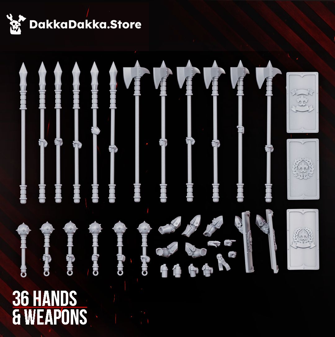 Eruptrix hands and weapons: halberds, spears, maces and shields laid out as loose bits