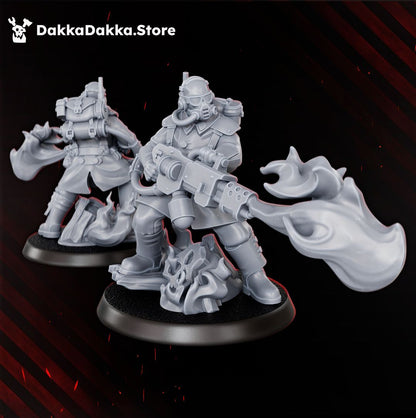 Doomsday flamer trooper with backpack fuel tank, gas mask and helmet, 32mm resin miniature