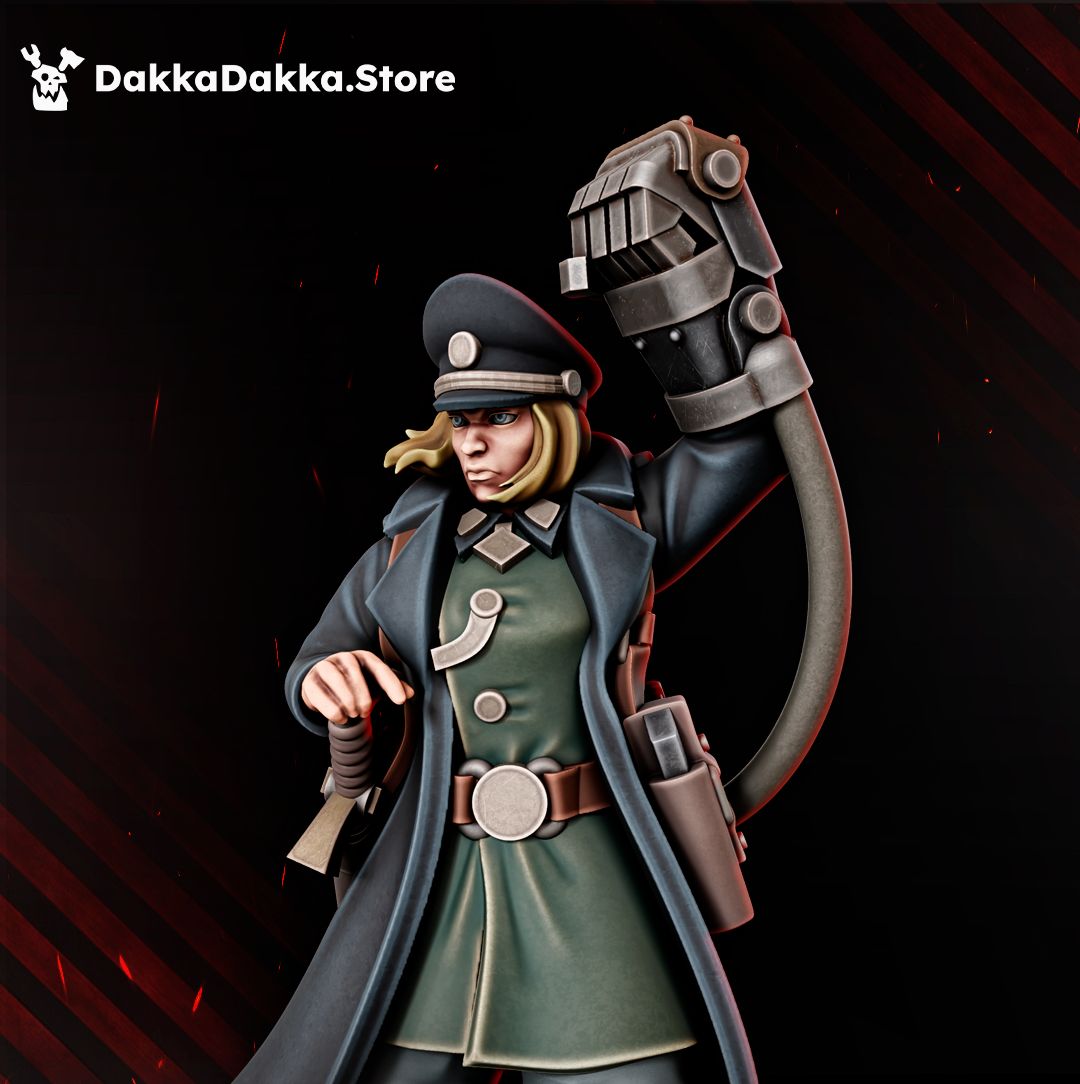 Kommissar Graber front detail, peaked cap, greatcoat, energised power fist and sheathed sword, sci-fi resin miniature