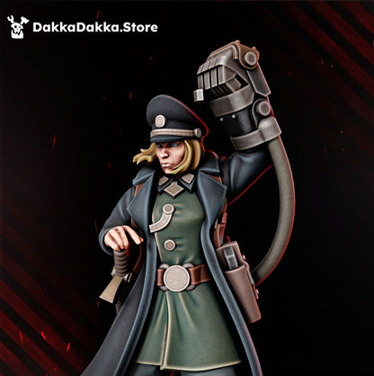Kommissar Graber front detail, peaked cap, greatcoat, energised power fist and sheathed sword, sci-fi resin miniature