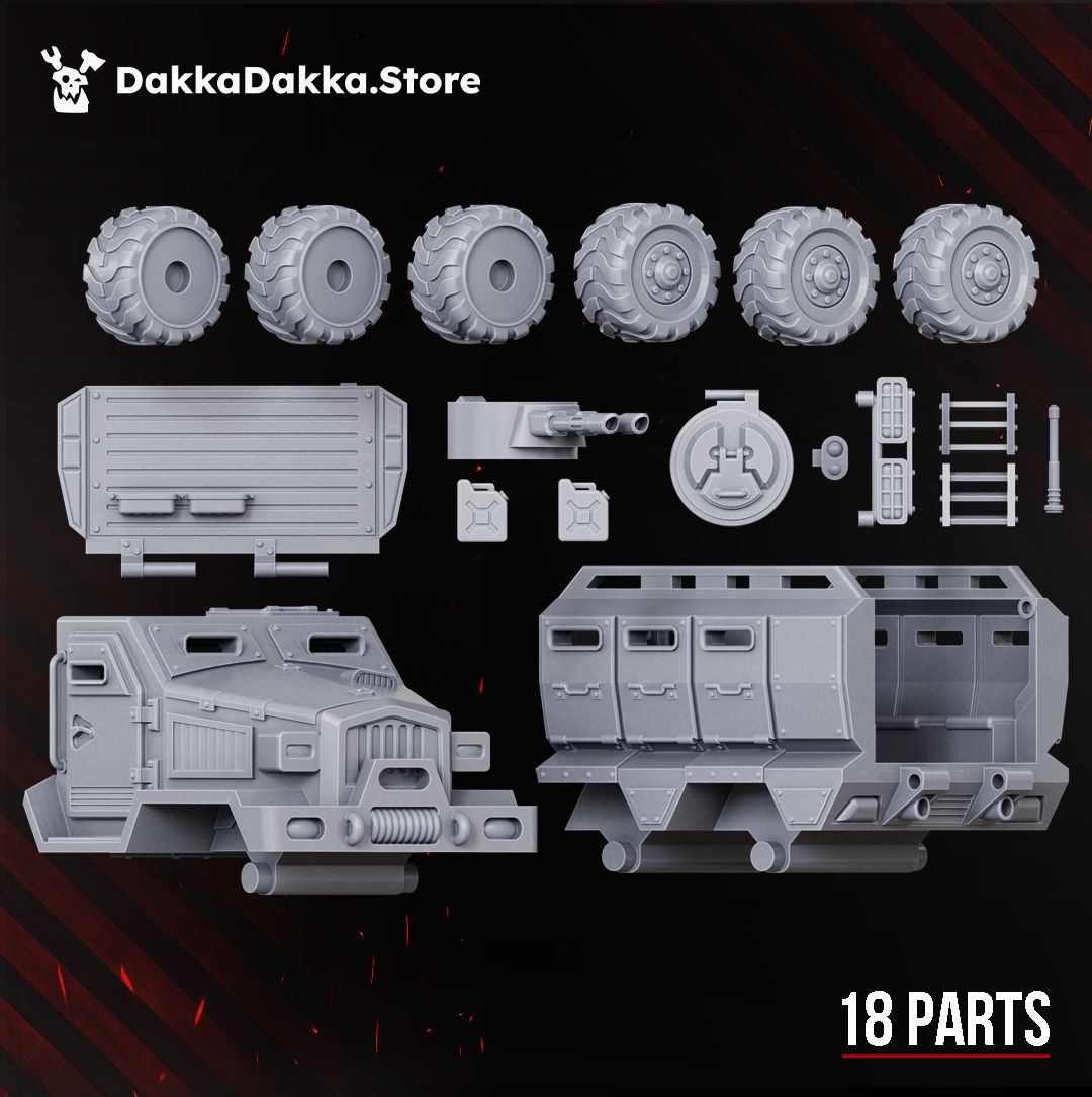 Render of Dinofelis WTV D8 6x6 Armoured Transport | 32mm Sci-Fi Resin Vehicle: all 18 parts laid out, including six wheels, cupola options, ladders and canisters.