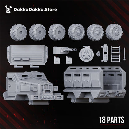 Render of Dinofelis WTV D8 6x6 Armoured Transport | 32mm Sci-Fi Resin Vehicle: all 18 parts laid out, including six wheels, cupola options, ladders and canisters.