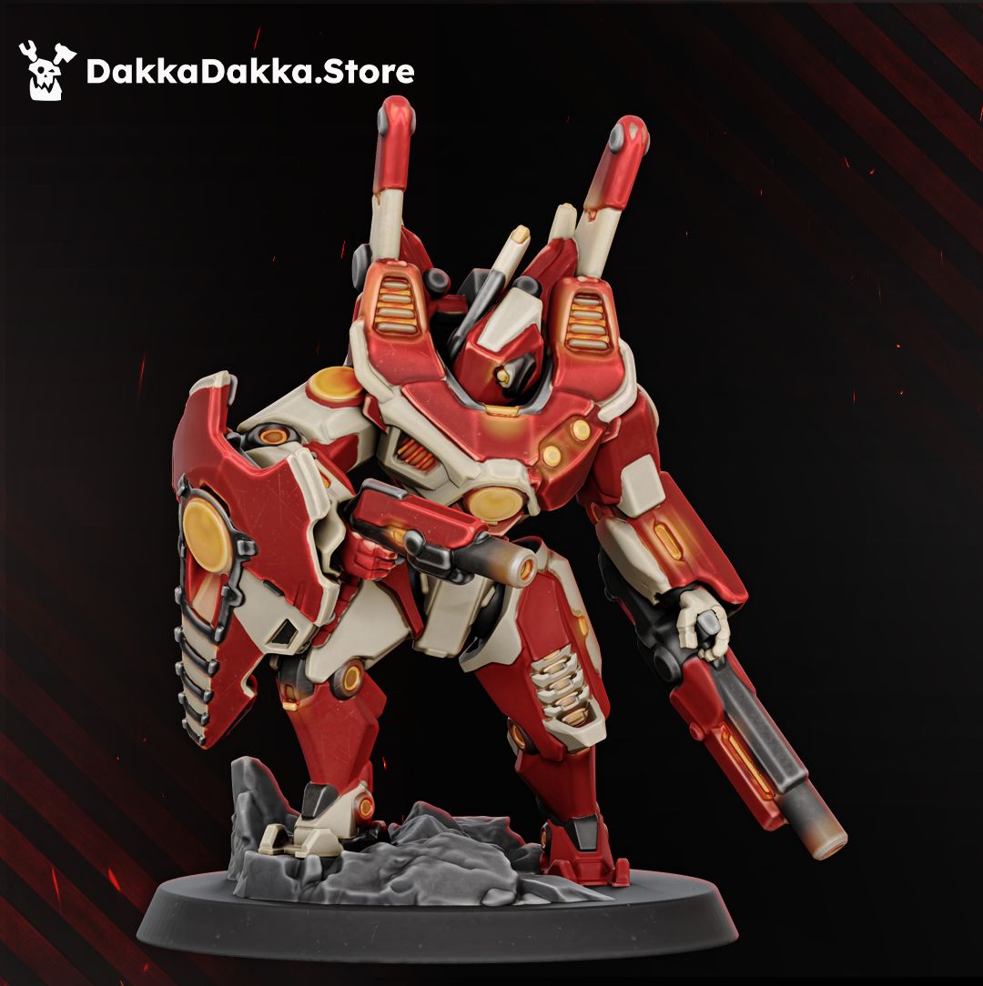 Hadar battlesuit front view with shoulder shield and rifle, red and white anime styled mech