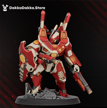 Hadar battlesuit front view with shoulder shield and rifle, red and white anime styled mech