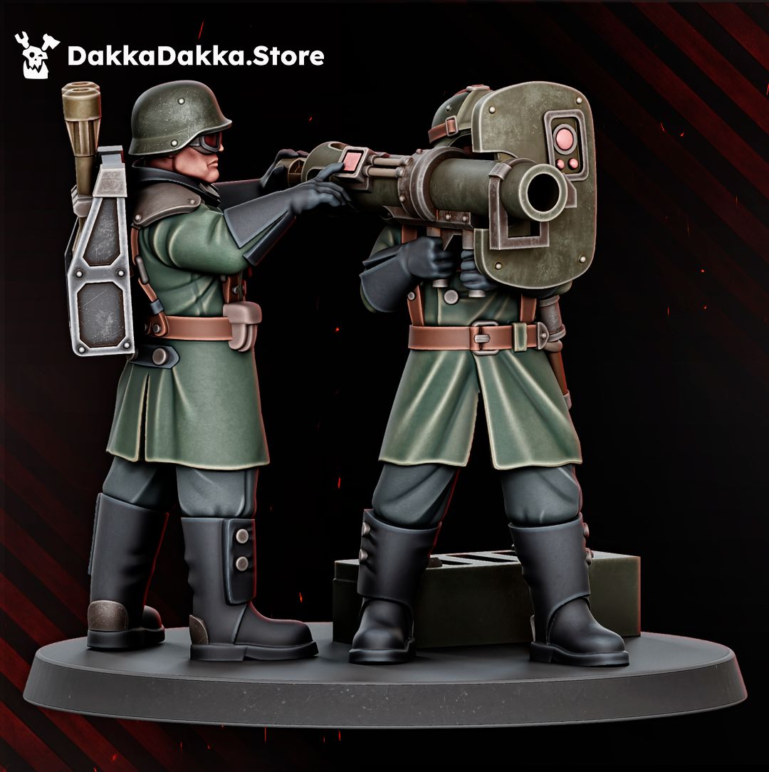 Missile launcher team, front view of the launcher gunner and the loader carrying a missile rack
