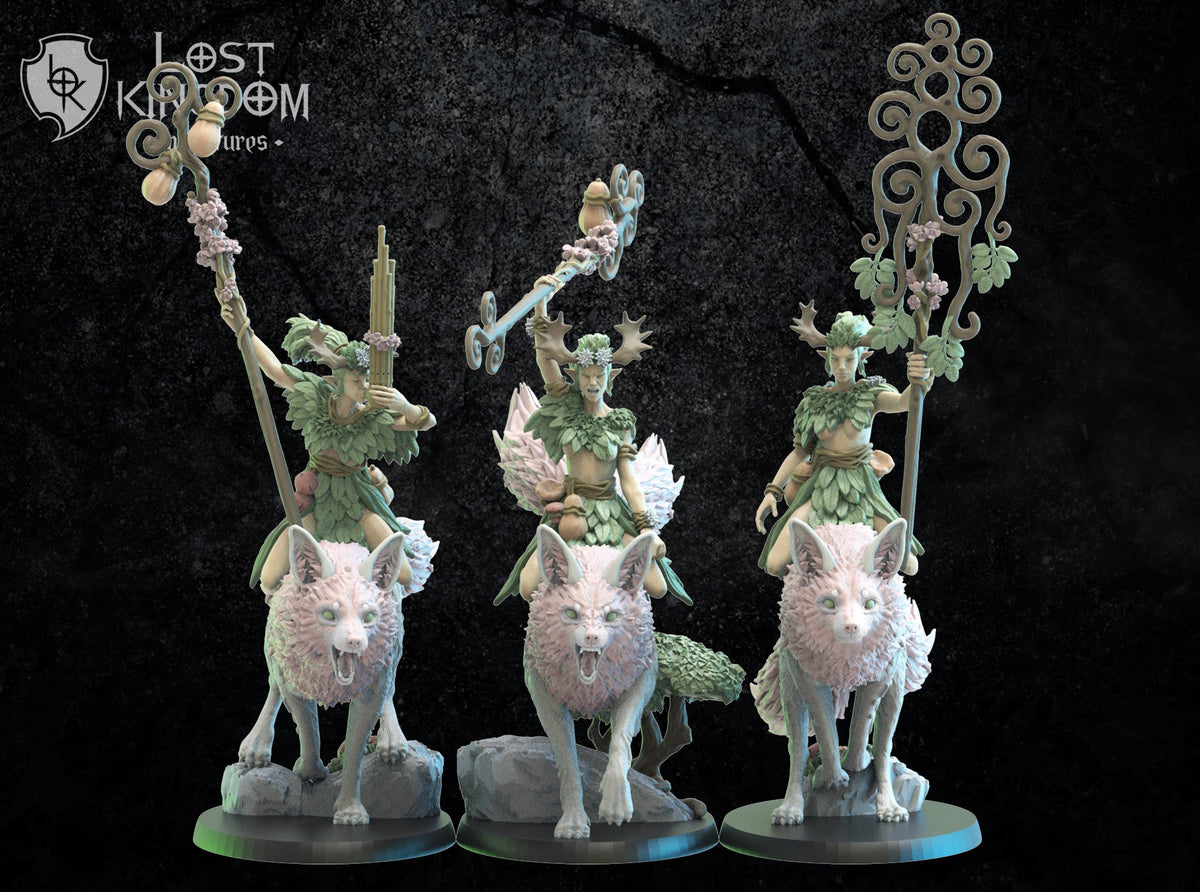 Nibi Riders Command Group, front three-quarter designer render of musician, champion and standard bearer on foxes