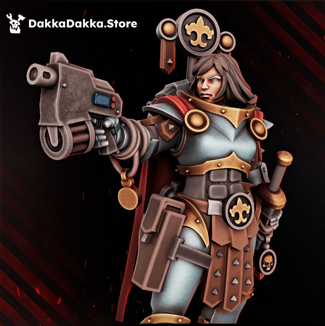 Legio Artemis Emissarius close up of the power armour, pistol, thigh holster and sheathed sword