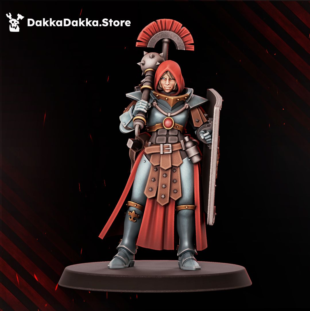 Eruptrix sister with a hooded helm, mace and shield, 32mm resin female battle sister