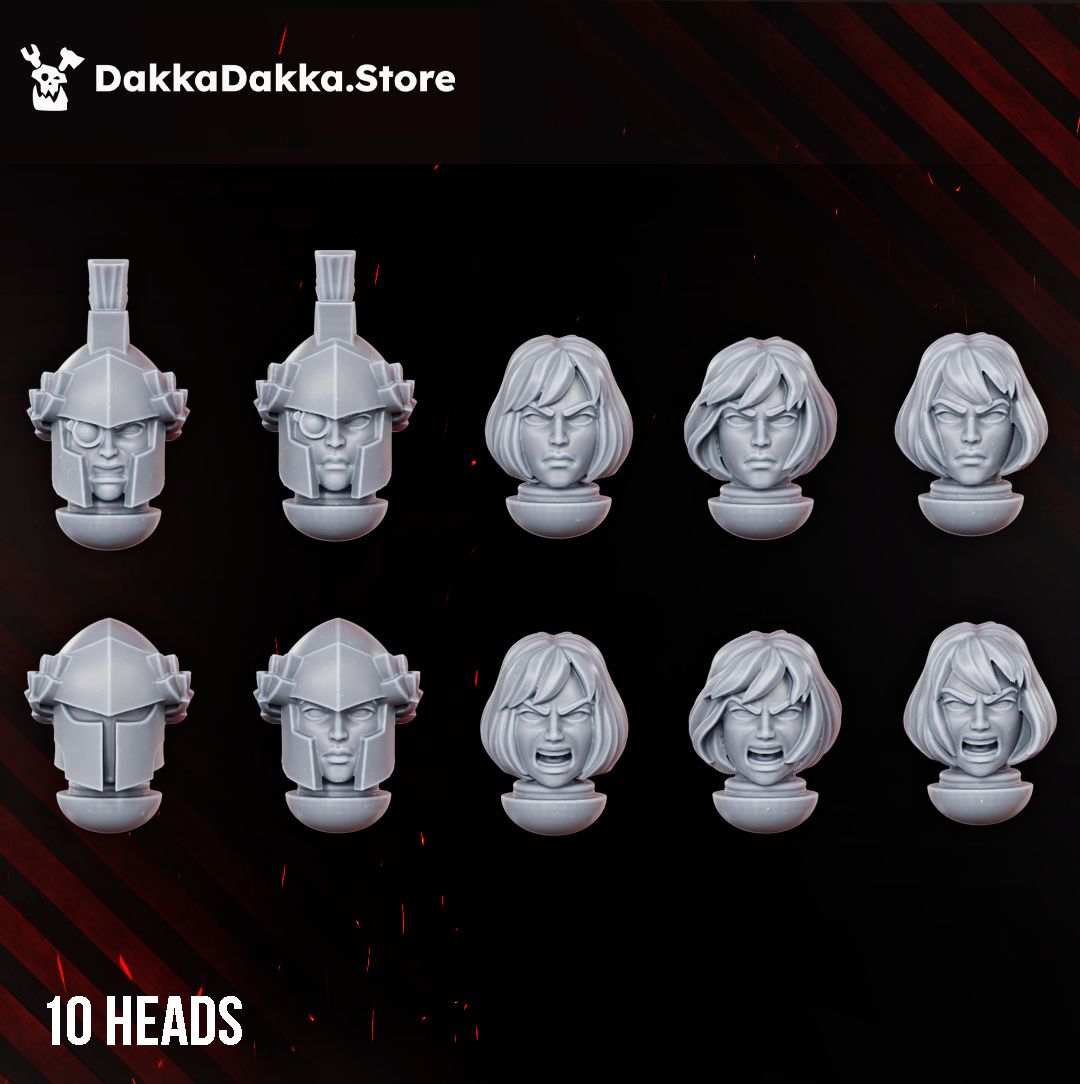 The ten interchangeable heads, helmeted and bare headed female sculpts