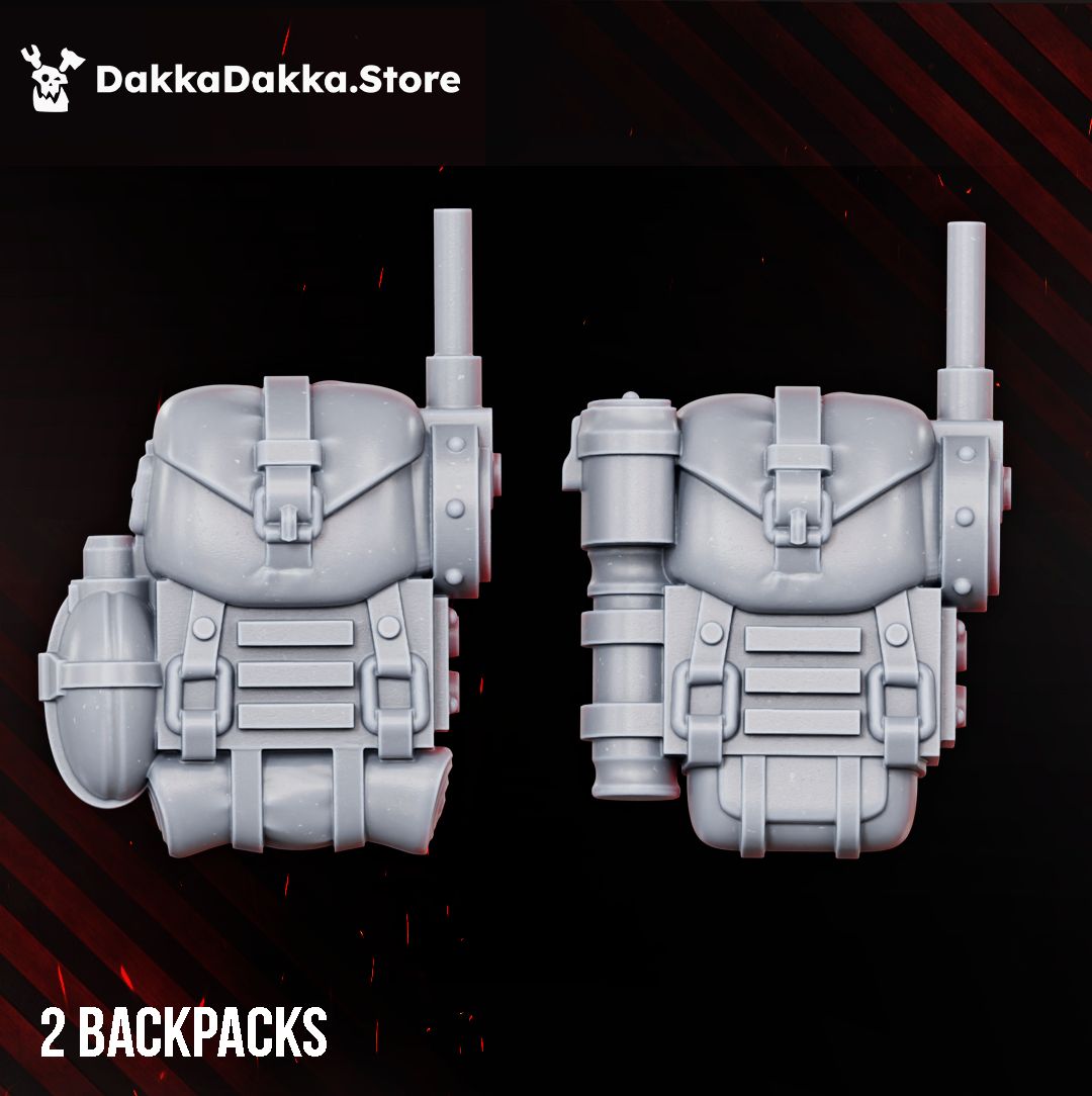 Two trench guard backpacks with bedroll, canteen and antenna