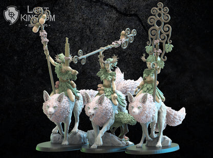 Nibi Riders Command Group, alternate angle designer render of the three fox riders with pan pipes, lantern staffs and standard