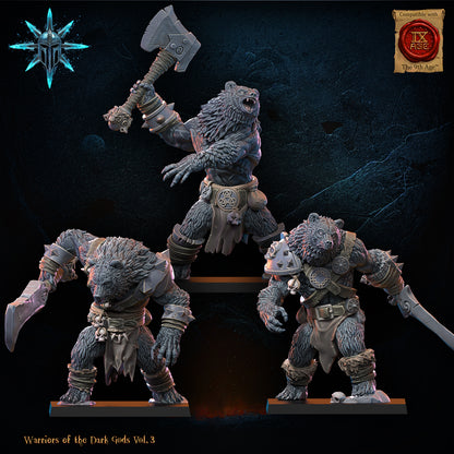 Three highly detailed resin werebear miniatures from Warriors of the Dark Gods Vol. 3. Center: large monstrous werebear champion raising a battle axe overhead. Left and right: smaller werebear infantry variants in aggressive poses. Compatible with The 9th Age. Printed in high quality resin by Coveted Forge.