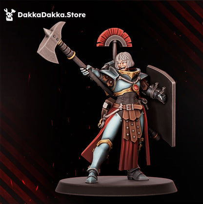 Eruptrix sister with a halberd raised and a shield, white haired female battle sister at 32mm