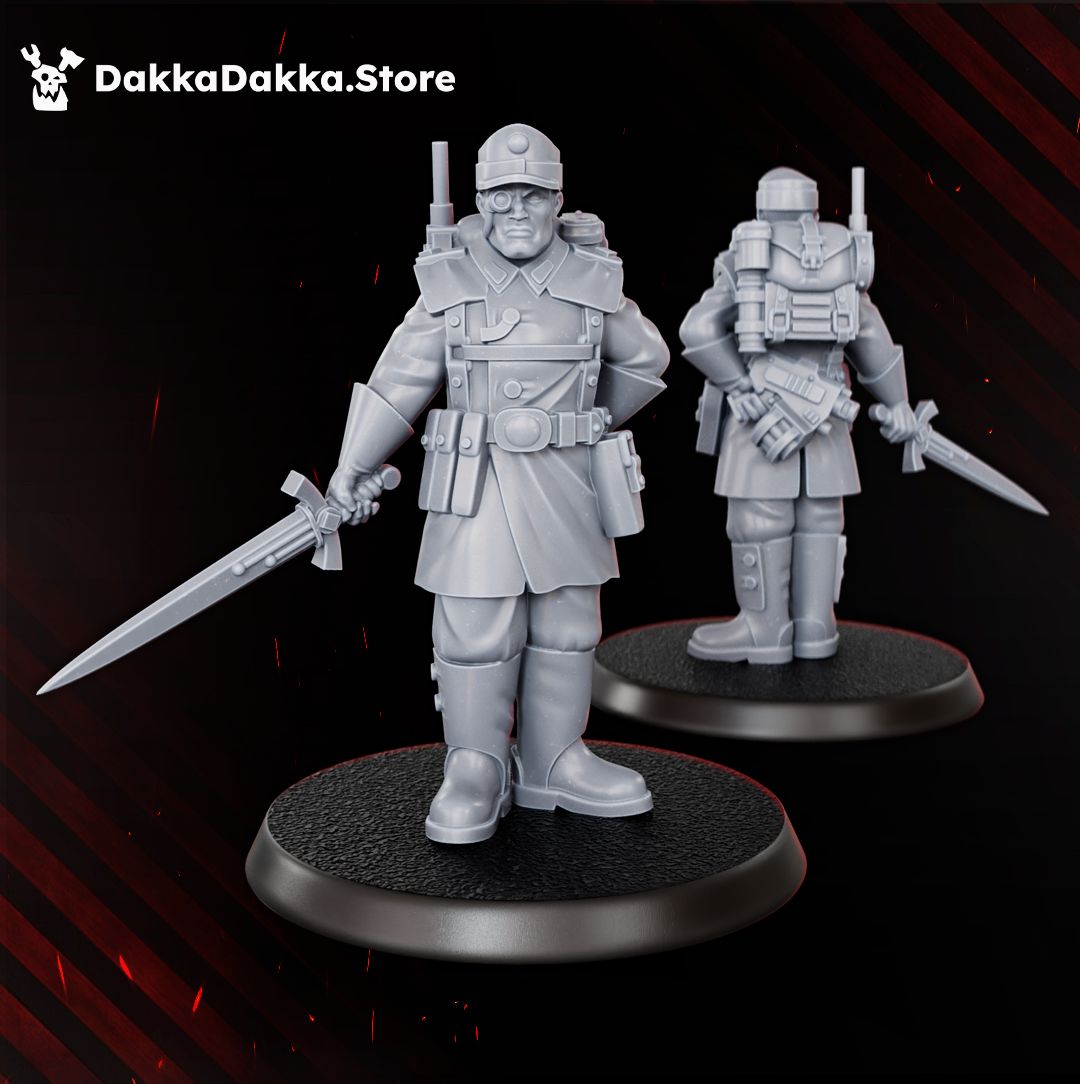 Doomsday officer with sword and peaked cap, front and rear view, 32mm resin miniature