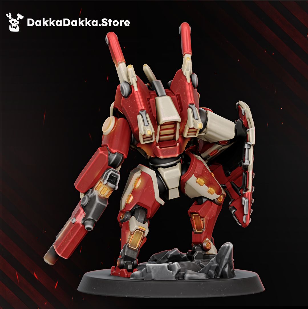Alpha battlesuit front view, twin barrelled arm cannon and long rifle, red and white mech