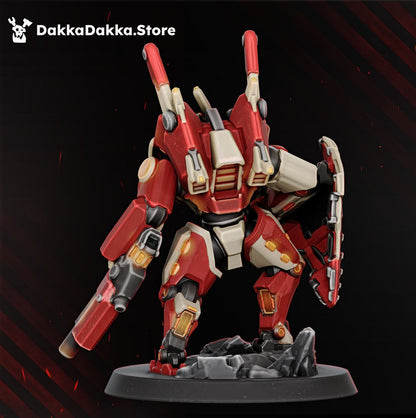 Alpha battlesuit front view, twin barrelled arm cannon and long rifle, red and white mech