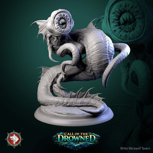 Render of Abyssal Tyrant | 32mm Sea Monster Leviathan Miniature: Coiled deep-sea leviathan with a ring-toothed lamprey maw, tentacles, and spined fins, from White Werewolf's Call of the Drowned. 32mm 3D printed resin.