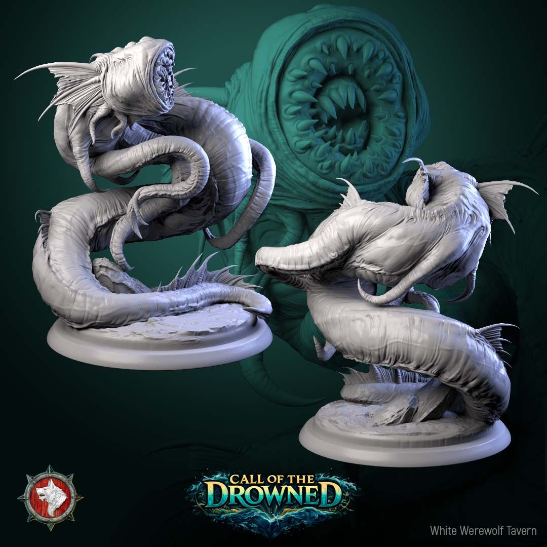 Render of Abyssal Tyrant | 32mm Sea Monster Leviathan Miniature: Coiled deep-sea leviathan with a ring-toothed lamprey maw, tentacles, and spined fins, from White Werewolf's Call of the Drowned. 32mm 3D printed resin.