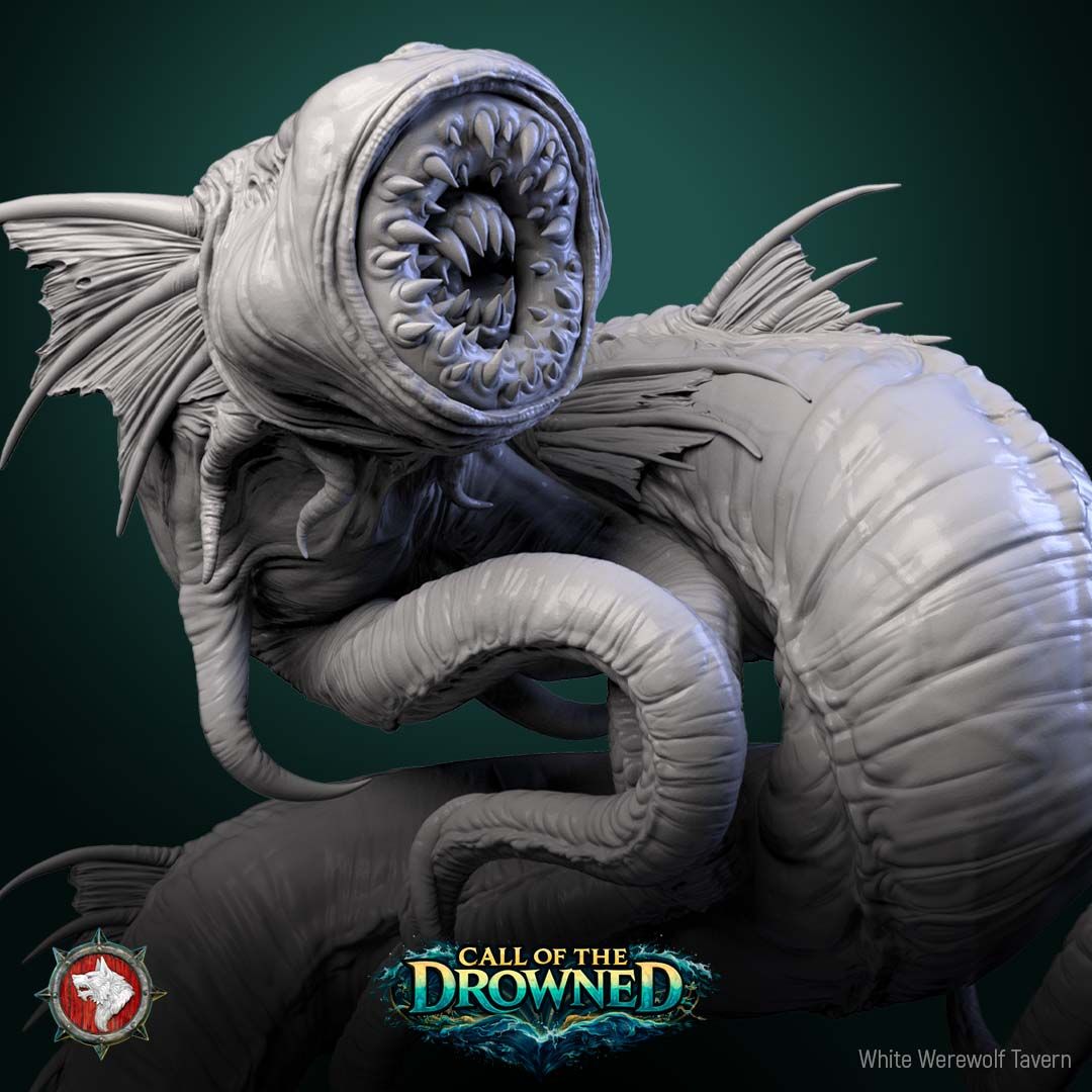 Render of Abyssal Tyrant | 32mm Sea Monster Leviathan Miniature: Coiled deep-sea leviathan with a ring-toothed lamprey maw, tentacles, and spined fins, from White Werewolf's Call of the Drowned. 32mm 3D printed resin.
