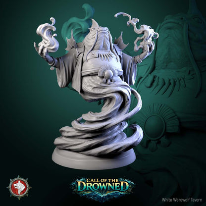 Render of Brine Born Prophet | 32mm Fishfolk Cult Priest Miniature: Robed fish-headed cult prophet with sea-magic swirling from raised claws, from White Werewolf's Call of the Drowned. 32mm 3D printed resin miniature.