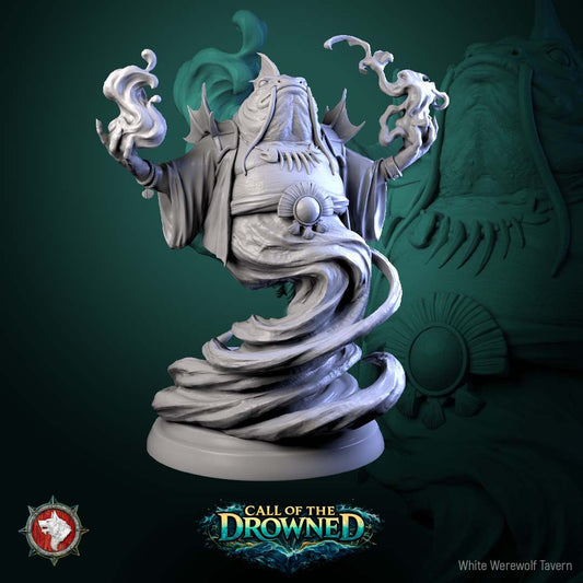 Render of Brine Born Prophet | 32mm Fishfolk Cult Priest Miniature: Robed fish-headed cult prophet with sea-magic swirling from raised claws, from White Werewolf's Call of the Drowned. 32mm 3D printed resin miniature.