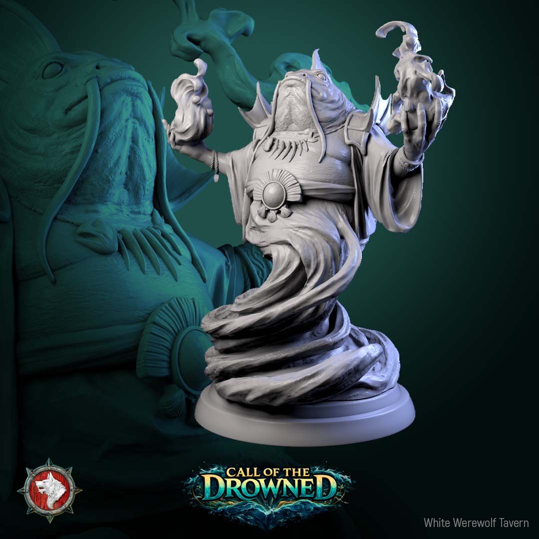 Render of Brine Born Prophet | 32mm Fishfolk Cult Priest Miniature: Robed fish-headed cult prophet with sea-magic swirling from raised claws, from White Werewolf's Call of the Drowned. 32mm 3D printed resin miniature.