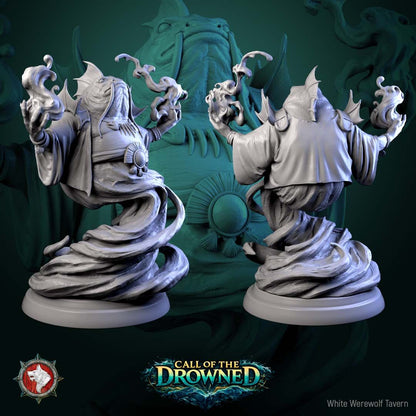 Render of Brine Born Prophet | 32mm Fishfolk Cult Priest Miniature: Robed fish-headed cult prophet with sea-magic swirling from raised claws, from White Werewolf's Call of the Drowned. 32mm 3D printed resin miniature.