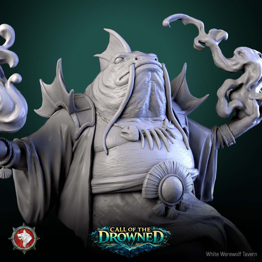 Render of Brine Born Prophet | 32mm Fishfolk Cult Priest Miniature: Robed fish-headed cult prophet with sea-magic swirling from raised claws, from White Werewolf's Call of the Drowned. 32mm 3D printed resin miniature.
