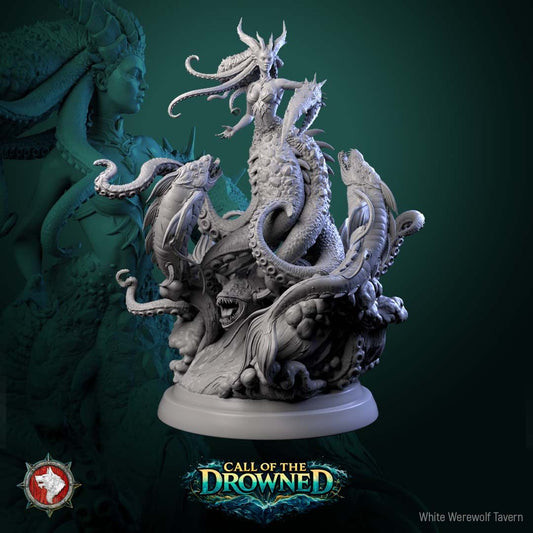 Render of The Drowned Mother | 32-75mm Sea Witch Centerpiece Miniature: Crowned sea-mother with tentacle hair and a serpent lower body, flanked by lamprey fish, from White Werewolf's Call of the Drowned. 32-75mm 3D printed resin.