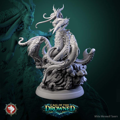 Render of The Drowned Mother | 32-75mm Sea Witch Centerpiece Miniature: Crowned sea-mother with tentacle hair and a serpent lower body, flanked by lamprey fish, from White Werewolf's Call of the Drowned. 32-75mm 3D printed resin.