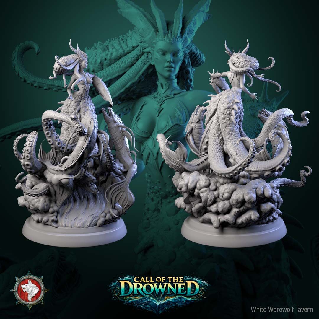 Render of The Drowned Mother | 32-75mm Sea Witch Centerpiece Miniature: Crowned sea-mother with tentacle hair and a serpent lower body, flanked by lamprey fish, from White Werewolf's Call of the Drowned. 32-75mm 3D printed resin.