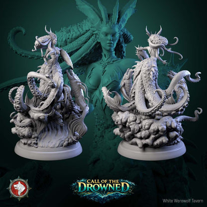 Render of The Drowned Mother | 32-75mm Sea Witch Centerpiece Miniature: Crowned sea-mother with tentacle hair and a serpent lower body, flanked by lamprey fish, from White Werewolf's Call of the Drowned. 32-75mm 3D printed resin.