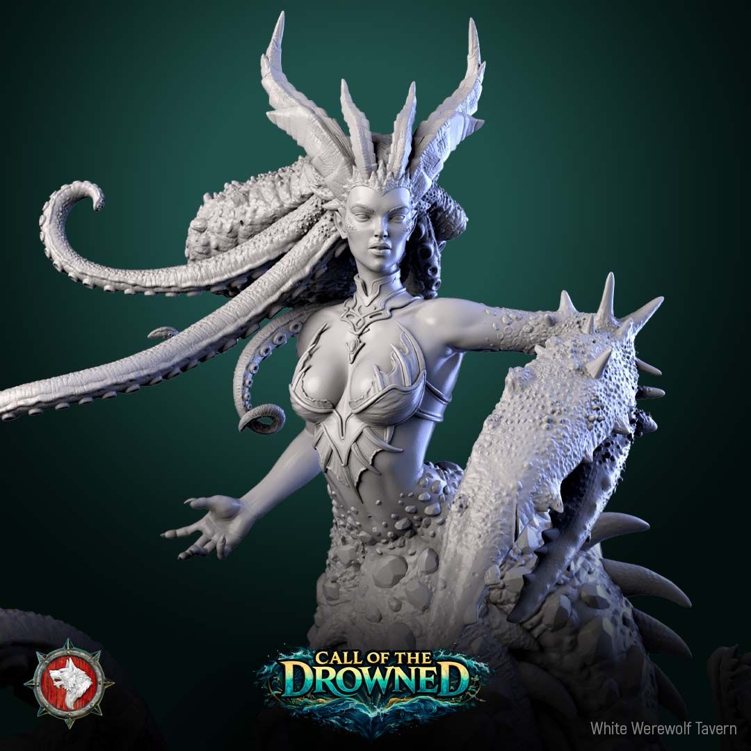 Render of The Drowned Mother | 32-75mm Sea Witch Centerpiece Miniature: Crowned sea-mother with tentacle hair and a serpent lower body, flanked by lamprey fish, from White Werewolf's Call of the Drowned. 32-75mm 3D printed resin.