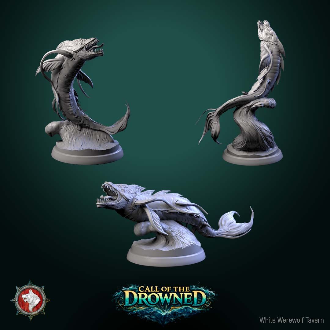 Render of Depth Horrors | 32mm Sea Serpent Monster Miniatures: Three fanged eel-bodied sea predators breaching from the waves, from White Werewolf's Call of the Drowned. 32mm 3D printed resin monsters, single or set.