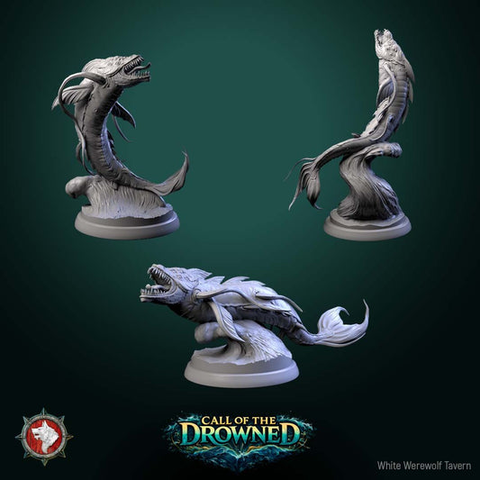 Render of Depth Horrors | 32mm Sea Serpent Monster Miniatures: Three fanged eel-bodied sea predators breaching from the waves, from White Werewolf's Call of the Drowned. 32mm 3D printed resin monsters, single or set.