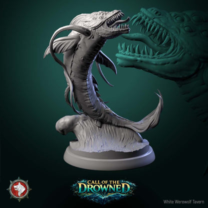 Render of Depth Horrors | 32mm Sea Serpent Monster Miniatures: Three fanged eel-bodied sea predators breaching from the waves, from White Werewolf's Call of the Drowned. 32mm 3D printed resin monsters, single or set.