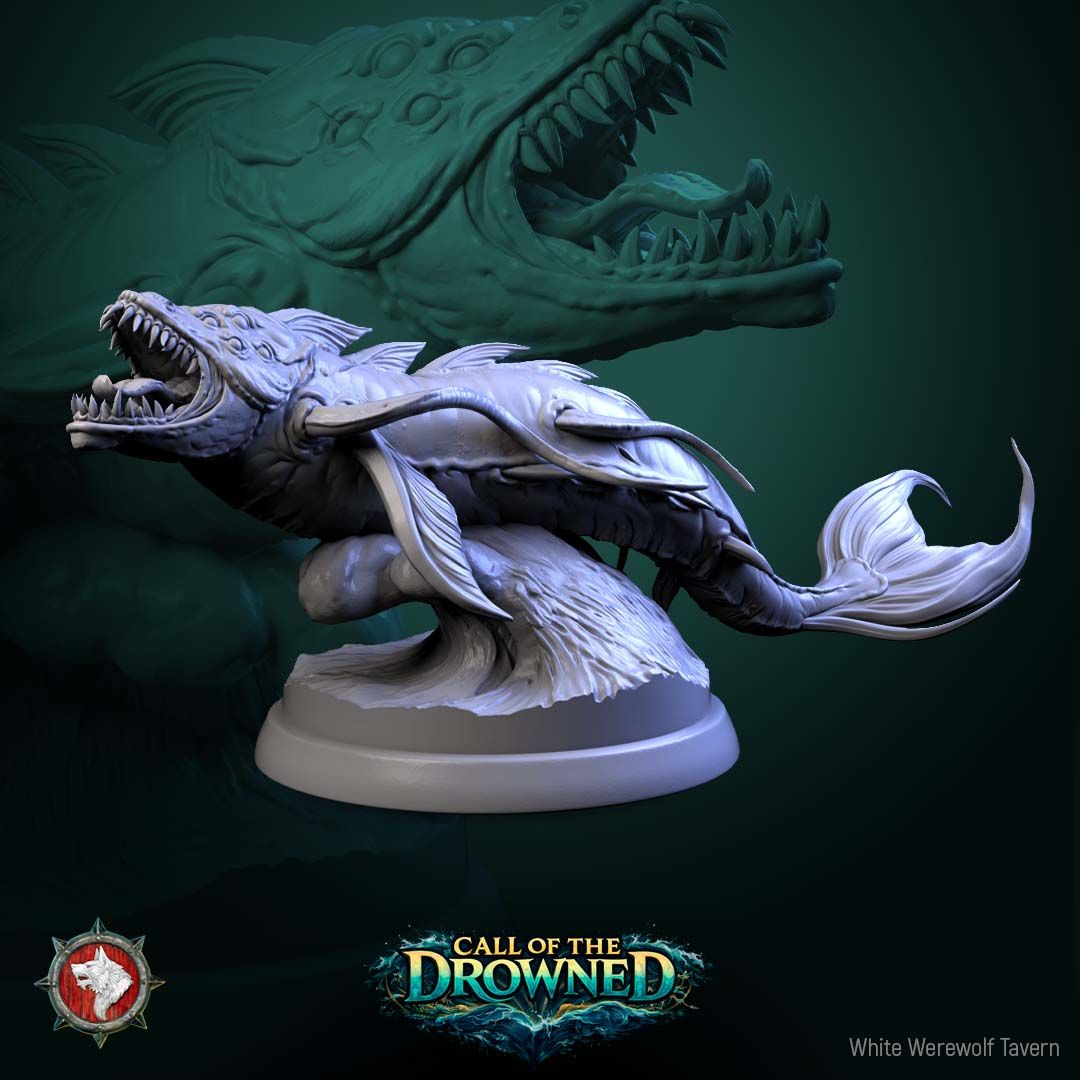 Render of Depth Horrors | 32mm Sea Serpent Monster Miniatures: Three fanged eel-bodied sea predators breaching from the waves, from White Werewolf's Call of the Drowned. 32mm 3D printed resin monsters, single or set.