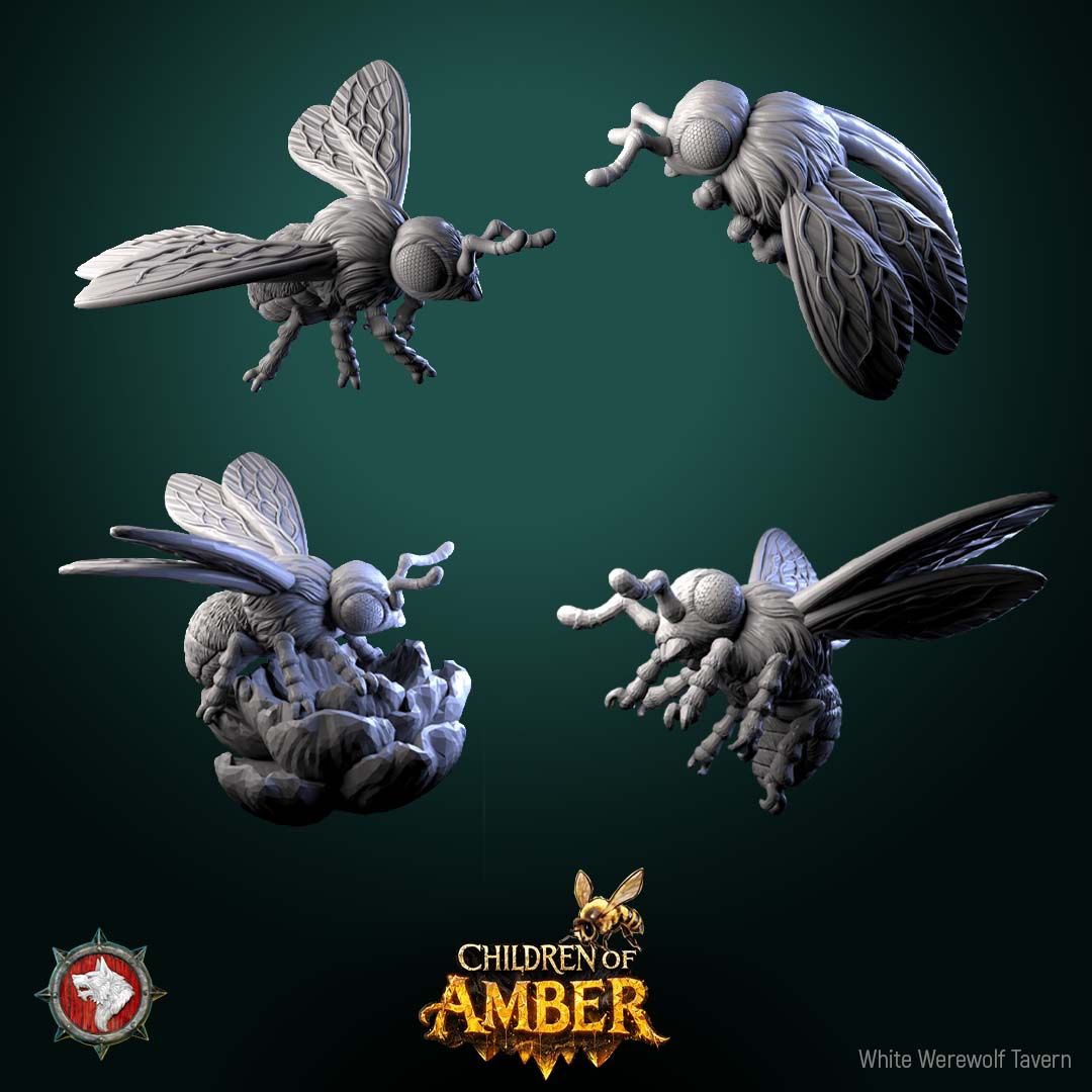 Render of Basing Insects Set | Bee and Wasp Scatter Miniatures: Four giant honeybees, a wasp, and a flower for basing, terrain, and swarm markers, from White Werewolf's Children of Amber. 3D printed resin scatter set.