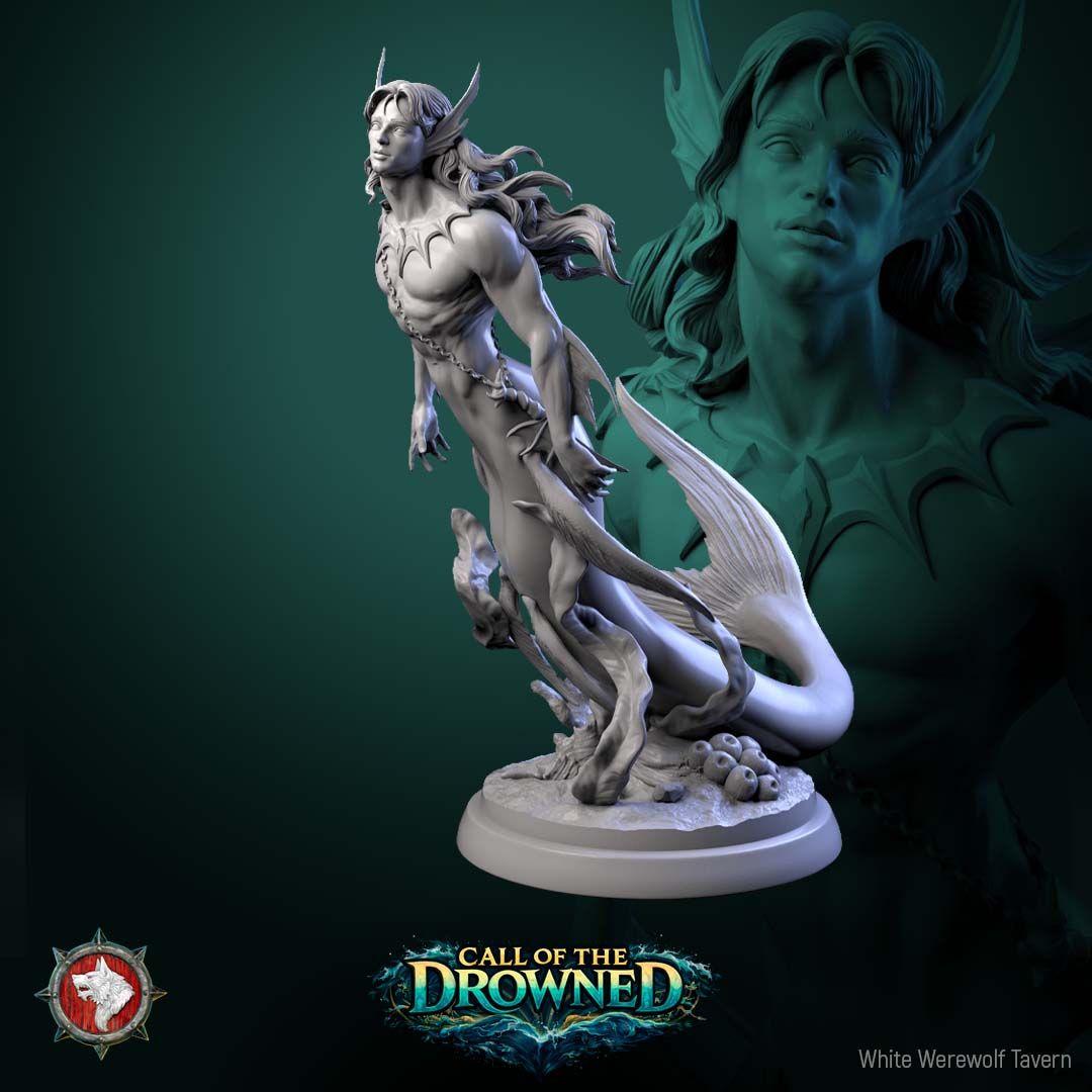 Render of Mermen | 32mm Fantasy Merfolk Warrior Miniatures: Six male merfolk warriors with crested fins and bladed fin daggers, from White Werewolf's Call of the Drowned. 32mm 3D printed resin, single or full set.