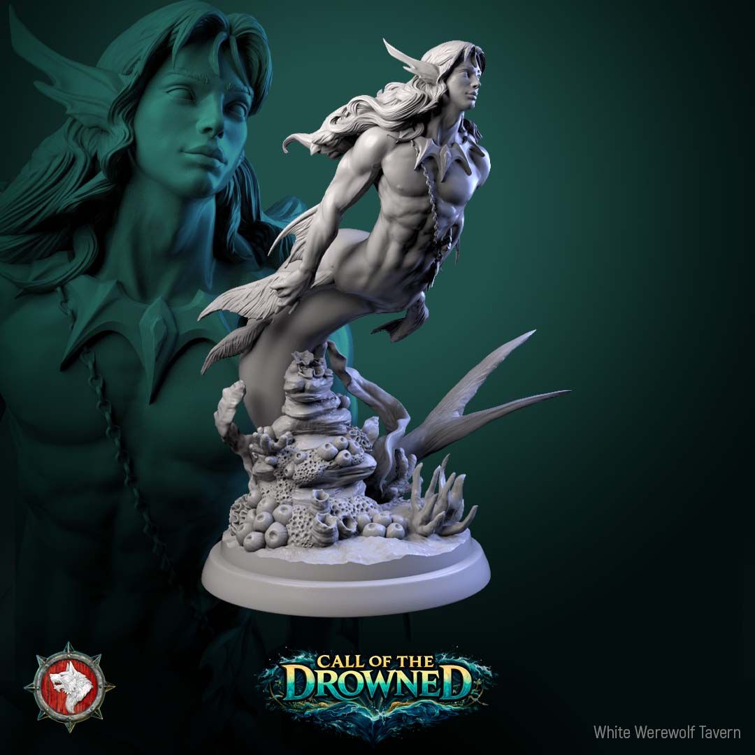 Render of Mermen | 32mm Fantasy Merfolk Warrior Miniatures: Six male merfolk warriors with crested fins and bladed fin daggers, from White Werewolf's Call of the Drowned. 32mm 3D printed resin, single or full set.
