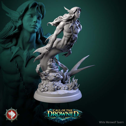 Render of Mermen | 32mm Fantasy Merfolk Warrior Miniatures: Six male merfolk warriors with crested fins and bladed fin daggers, from White Werewolf's Call of the Drowned. 32mm 3D printed resin, single or full set.