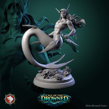 Render of Mermen | 32mm Fantasy Merfolk Warrior Miniatures: Six male merfolk warriors with crested fins and bladed fin daggers, from White Werewolf's Call of the Drowned. 32mm 3D printed resin, single or full set.