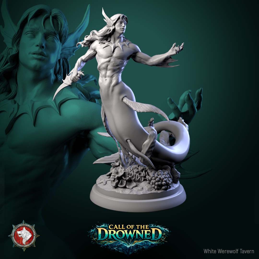 Render of Mermen | 32mm Fantasy Merfolk Warrior Miniatures: Six male merfolk warriors with crested fins and bladed fin daggers, from White Werewolf's Call of the Drowned. 32mm 3D printed resin, single or full set.