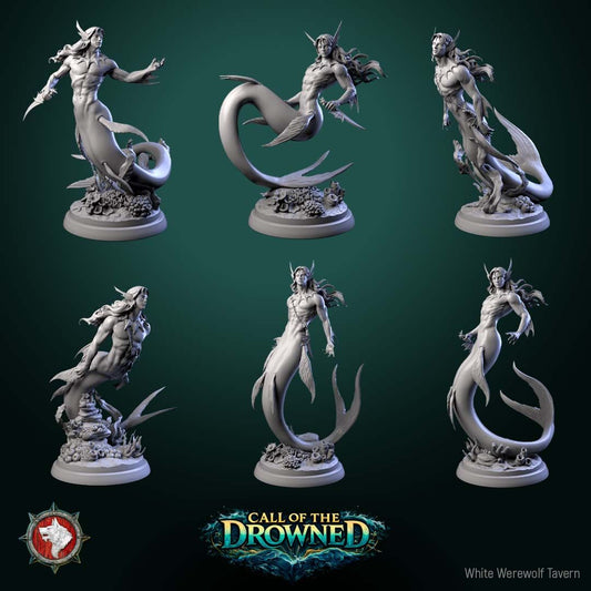 Render of Mermen | 32mm Fantasy Merfolk Warrior Miniatures: Six male merfolk warriors with crested fins and bladed fin daggers, from White Werewolf's Call of the Drowned. 32mm 3D printed resin, single or full set.