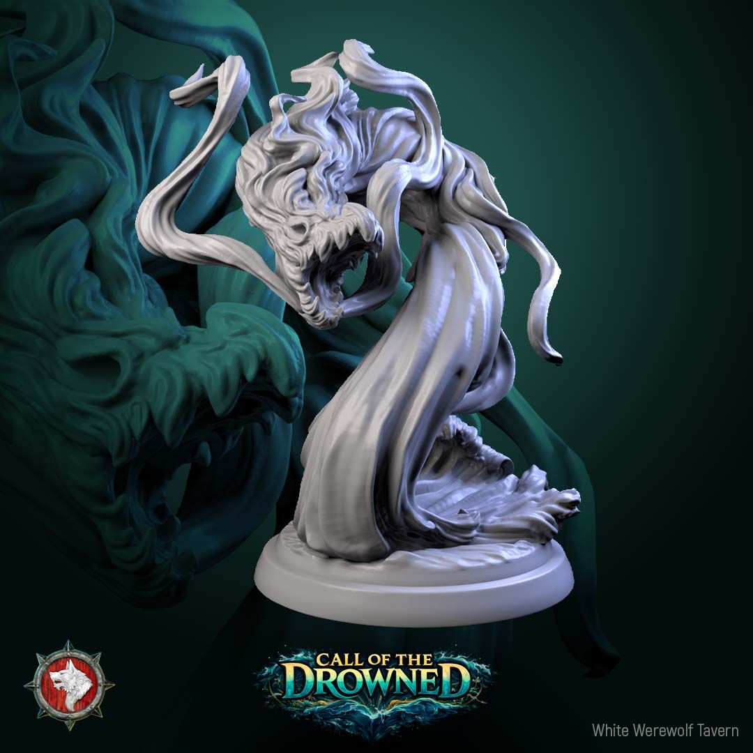 Render of Water Elementals | 32mm Fantasy Elemental Miniatures: Six ghostly wave spirits with gaping maws and clawed hands, from White Werewolf's Call of the Drowned. 32mm 3D printed resin elementals, single or set.
