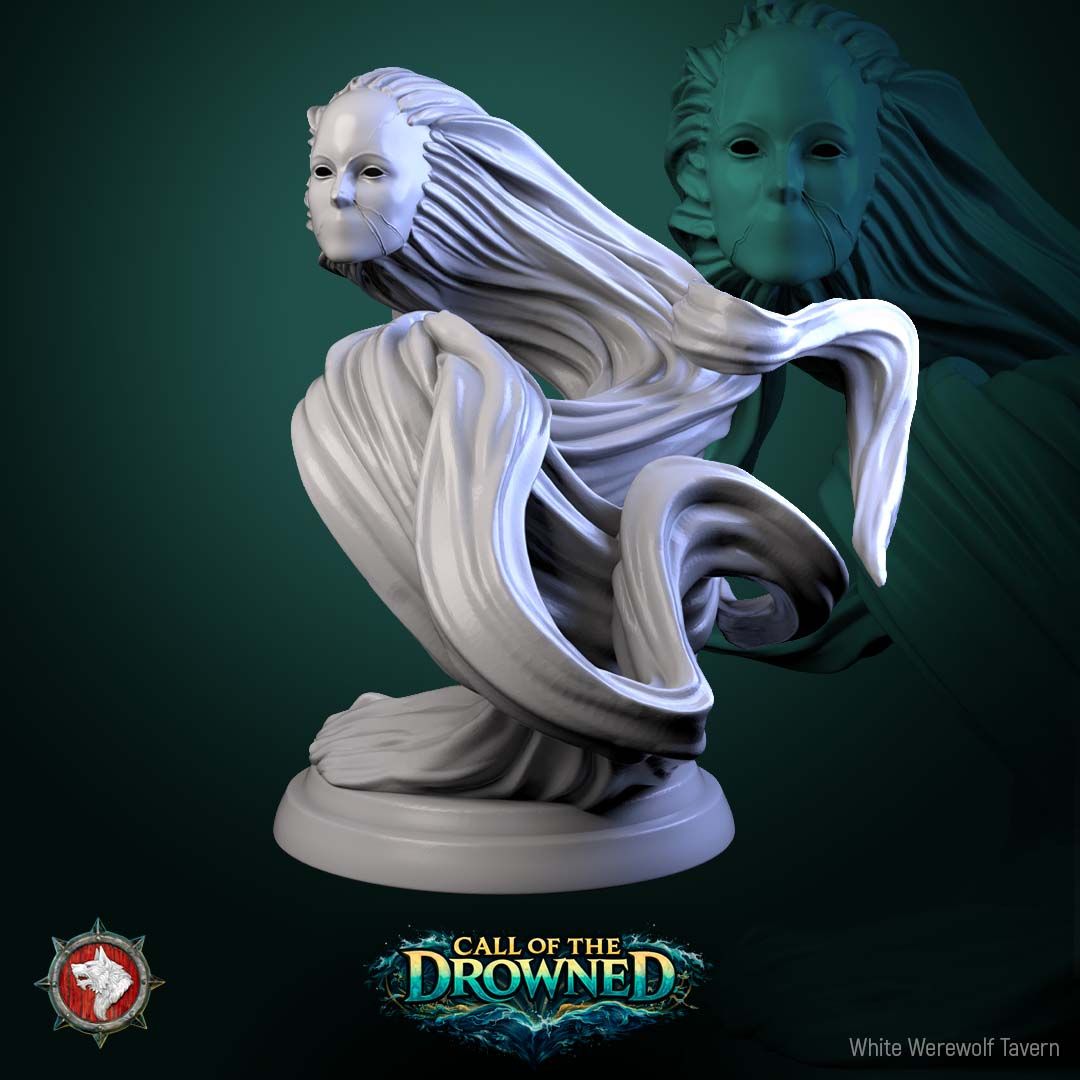 Render of Water Elementals | 32mm Fantasy Elemental Miniatures: Six ghostly wave spirits with gaping maws and clawed hands, from White Werewolf's Call of the Drowned. 32mm 3D printed resin elementals, single or set.