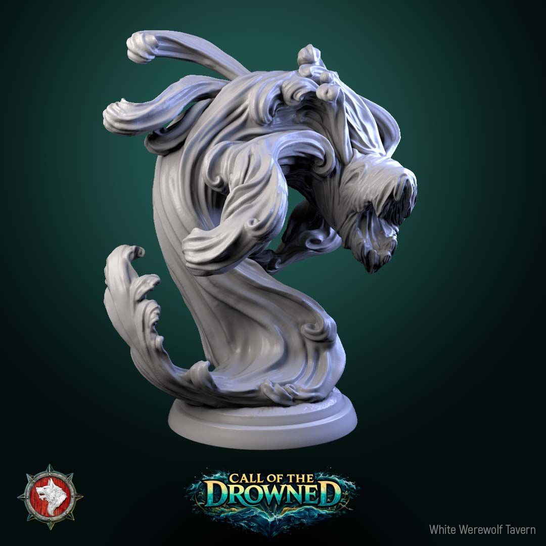 Render of Water Elementals | 32mm Fantasy Elemental Miniatures: Six ghostly wave spirits with gaping maws and clawed hands, from White Werewolf's Call of the Drowned. 32mm 3D printed resin elementals, single or set.