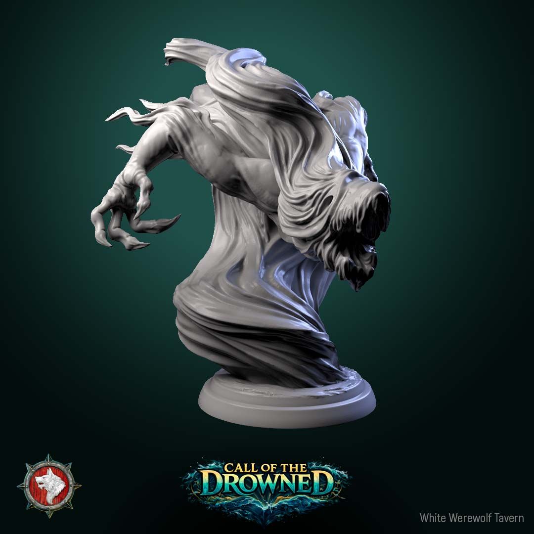 Render of Water Elementals | 32mm Fantasy Elemental Miniatures: Six ghostly wave spirits with gaping maws and clawed hands, from White Werewolf's Call of the Drowned. 32mm 3D printed resin elementals, single or set.