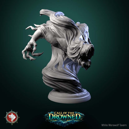 Render of Water Elementals | 32mm Fantasy Elemental Miniatures: Six ghostly wave spirits with gaping maws and clawed hands, from White Werewolf's Call of the Drowned. 32mm 3D printed resin elementals, single or set.