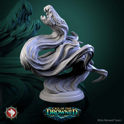 Render of Water Elementals | 32mm Fantasy Elemental Miniatures: Six ghostly wave spirits with gaping maws and clawed hands, from White Werewolf's Call of the Drowned. 32mm 3D printed resin elementals, single or set.